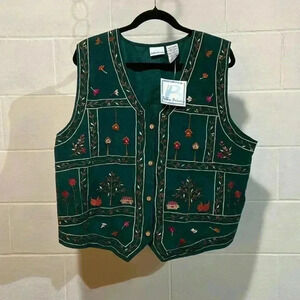 Vintage Bobbie Brooks Women's Corduroy Birdhouse‎ Vest XL Green Embroidered NWT